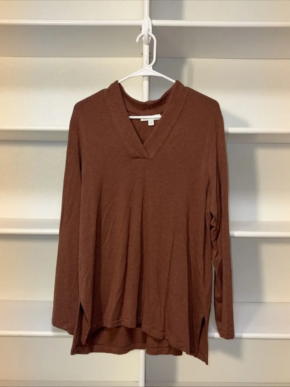 J. Jill Pure Jill Tranquility Fleece V-Neck Tunic Pullover Sweater L Brown